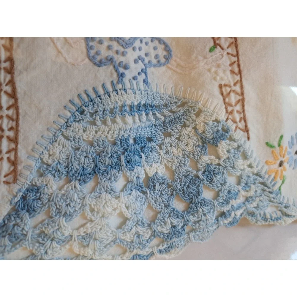 Vintage Handmade White Linen Apron Blue Crochet Crinoline Lady Hand Embroidered